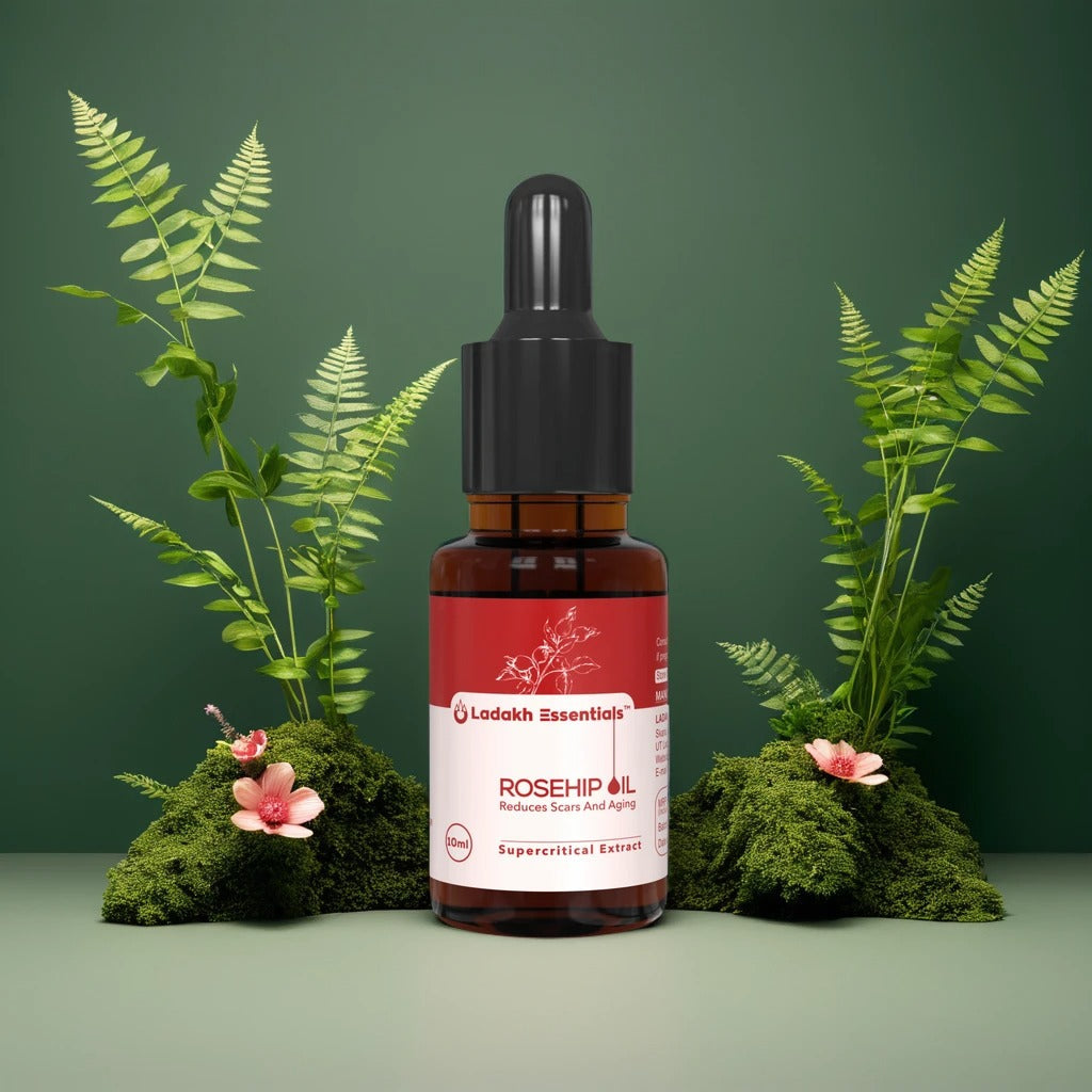 100% pure Rosehip Oil bottle with natural ingredients, rich in vitamins A, C, and omega fatty acids, ideal for skin hydration and anti-aging.