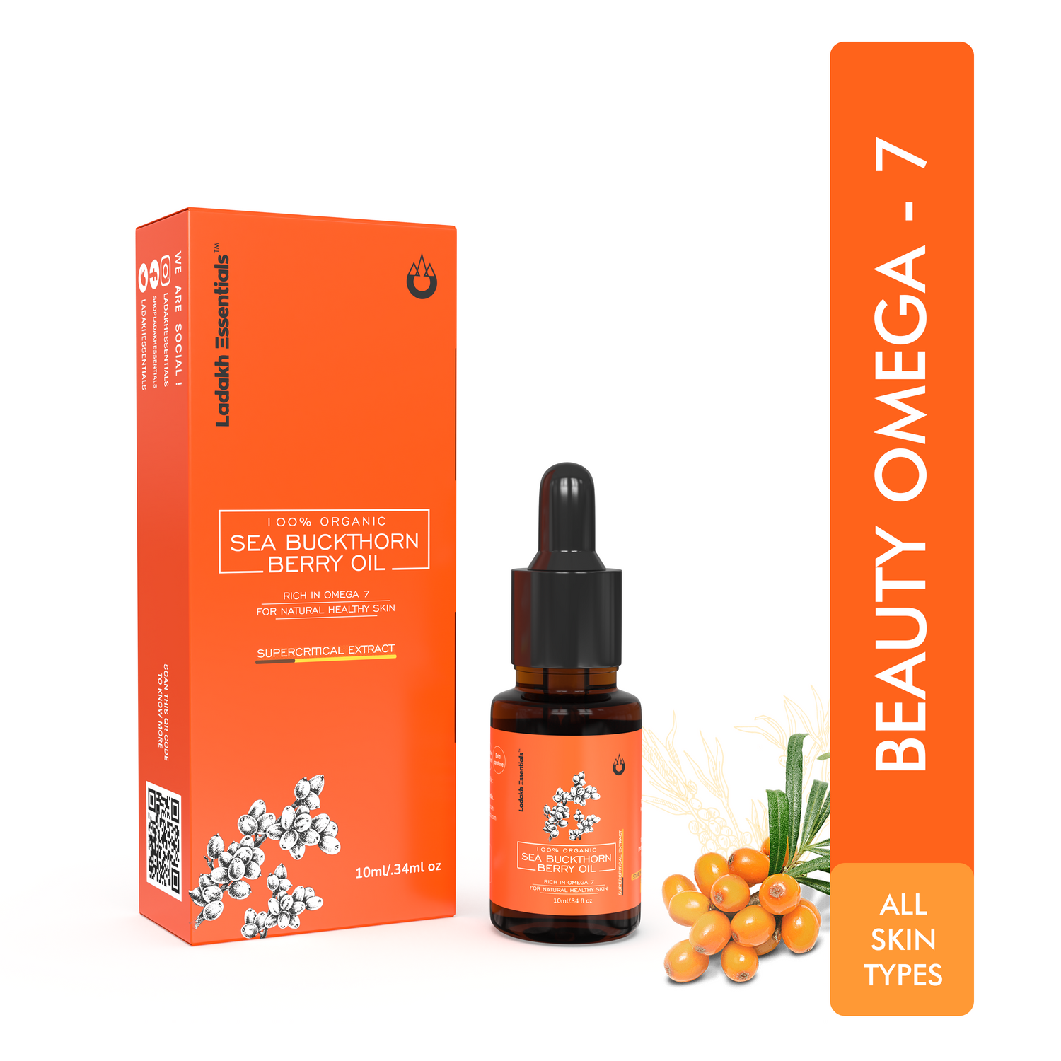 Pure **Sea Buckthorn** and **Rosehip Oil** bottles, extracted using **supercritical CO2**, offering natural, organic skincare for glowing, healthy skin.