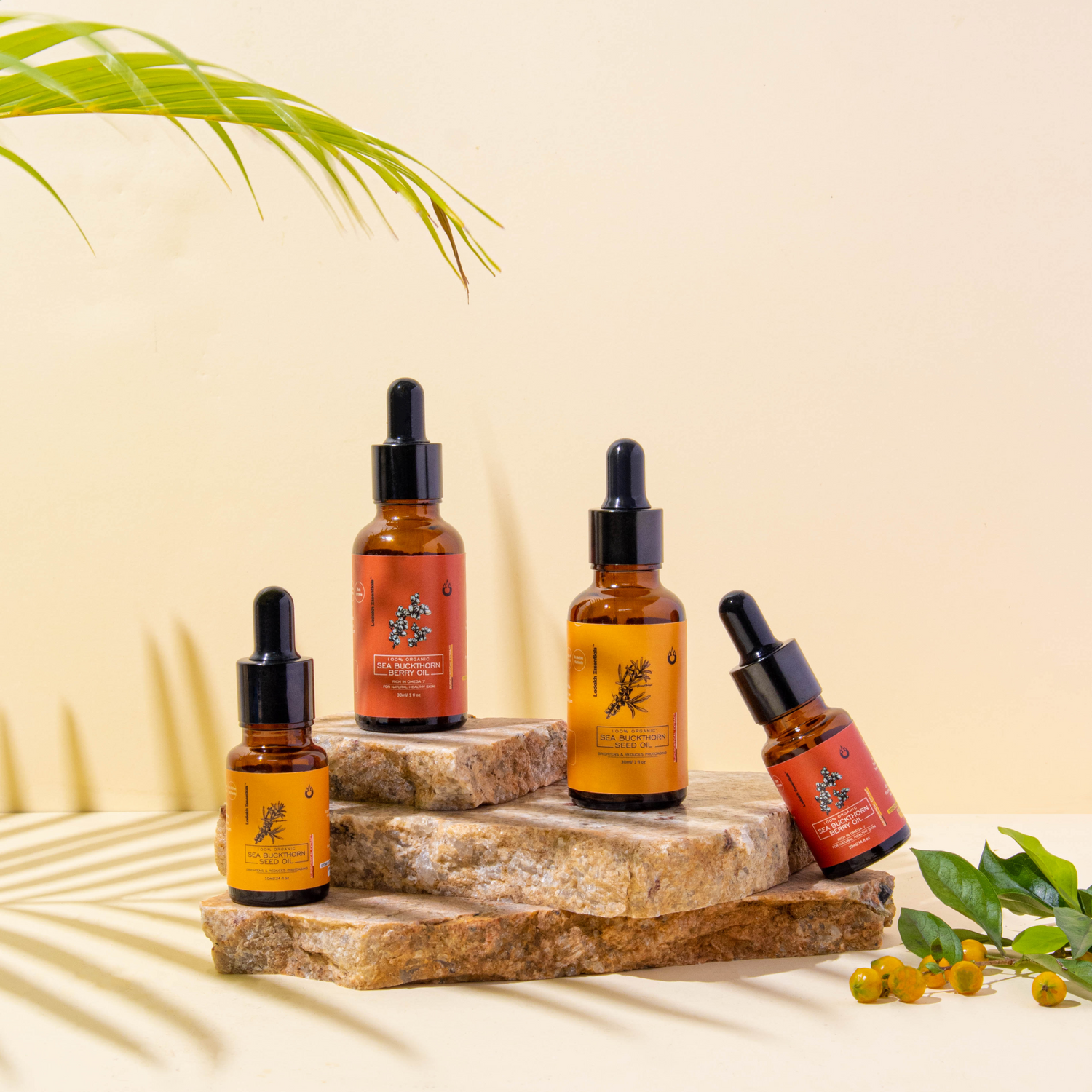 Pure Sea Buckthorn Oil bottle, rich in omega 3, 6, 7, and rare omega 7, ideal for soothing sensitive skin, reducing redness, and hydrating dry or irritated skin. Sourced from the Himalayas.